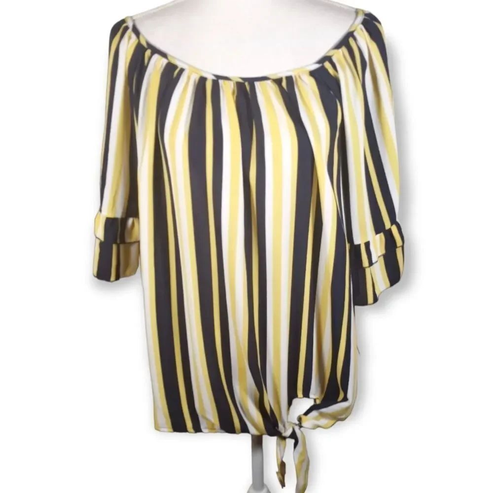 UNIQUE SPECTRUM YELLOW, WHITE, & NAVY OFF-THE-SHOULDER BLOUSE SZ.3X EUC